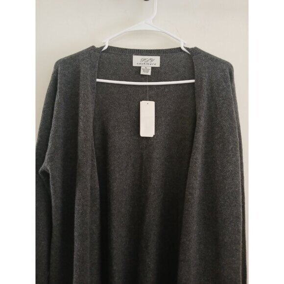 PLY Cashmere Fringe Cardigan XL Sweater Open Front Gray Minimalist Boho Luxe New - Picture 4 of 5